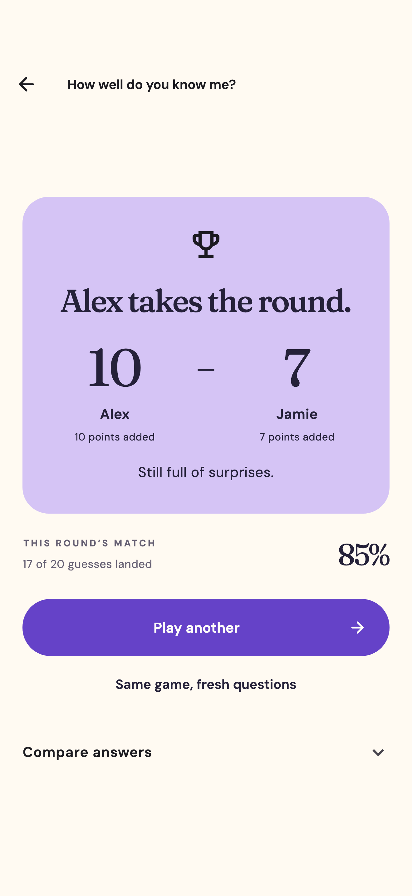 Friendly Rivalry round scoreboard showing Alex 10 - 7 Jamie